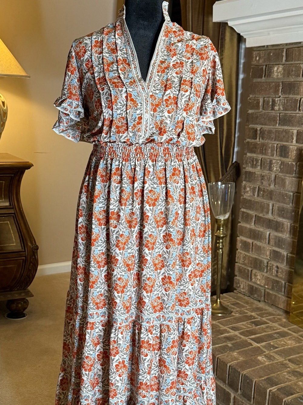 Max Studio London XL Rust Floral Boho Maxi Dress Smocked Waist